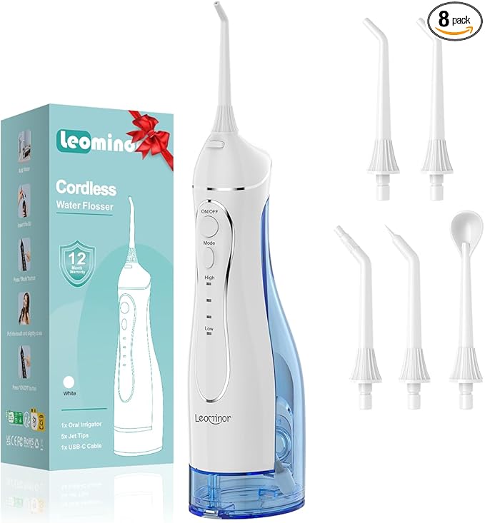 Leominor Water Dental Flosser Pick for Teeth, 300ML Portable Oral Irrigator Upgraded Tank Removable,IPX7 Waterproof, Rechargeable Travel Teeth Cleaner, Professional Electric Flossing (Blue White)