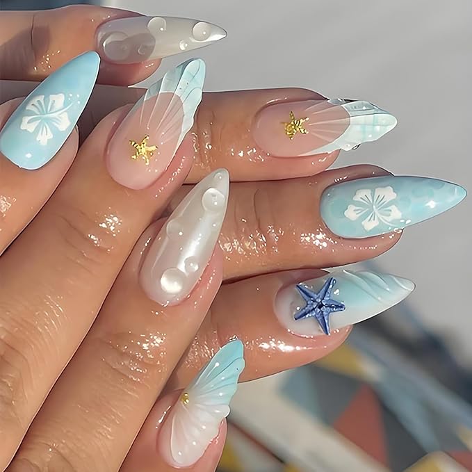 24Pcs Blue French Tip Press on Nails Medium Almond Summer Fake Nails 3D Golden Starfish Seashell with Hibiscus Press Ons Full Cover Beach False Nails Ocean Manicure Decorations for Women Acrylic DIY