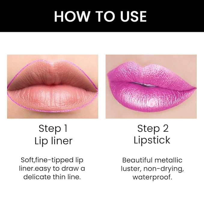 Kaely 2-in-1 Pink Metallic Shine Shimmer Lip Liner & Lipstick Combo Set Kit for Women, Lightweight Hydrating Formula High Impact Full Coverage Lipstick and Lip Liner Makeup Stains Gloss 19