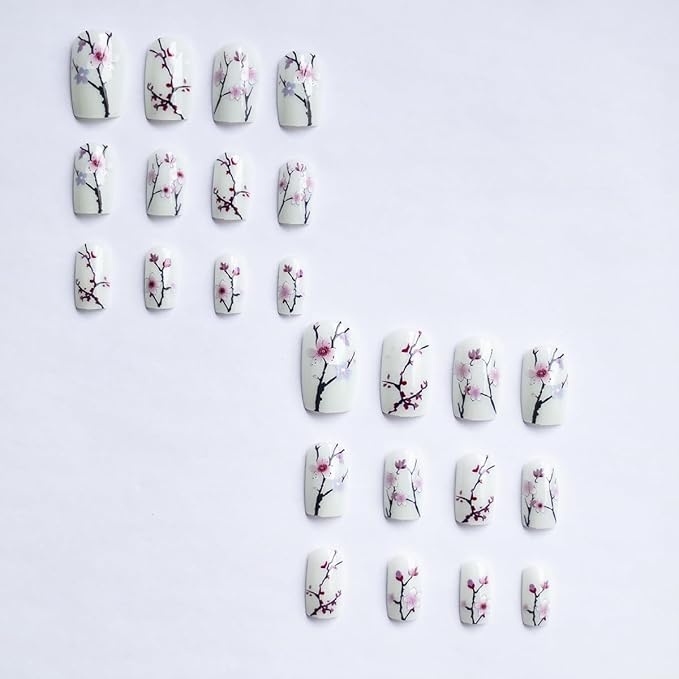 24Pcs Sakura Press on Nails Medium Square Fake Nails Flower False Nails Glossy Full Cover Artificial Glue on Nails Spring Stick on Nails Cute Nail Supplies for Women Girls DIY Manicure Decoration
