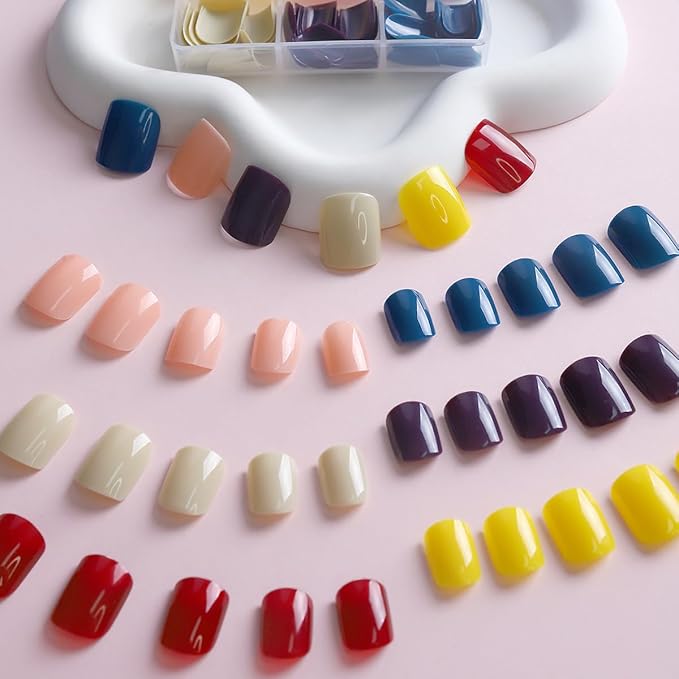 6 Packs（144 Pcs）Short Press on Nails Sqaure Fake Nails Full Cover False Nails Solid Color Glossy Acrylic Glue on Nails Stick on Nails Reusable Artificial Nails for Women Girls Manicure