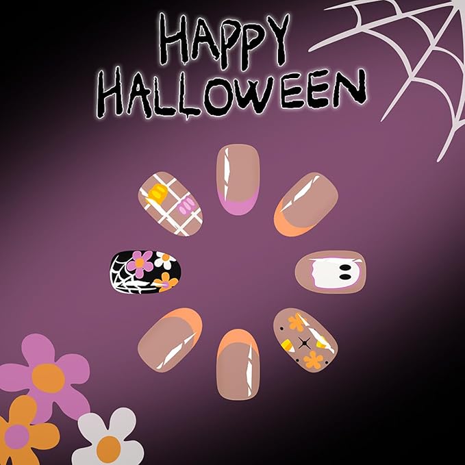 24Pcs French Tip Press on Nails Medium Almond Nails Halloween Fake Nails with Designs Reusable Pumpkin Stick on Nails Spider Web False Nails Ghost Acrylic Nails Cute Flower Glue on Nails for Women