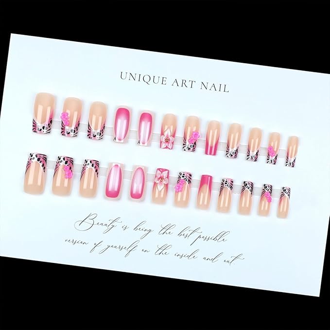 24Pcs French Tip Press on Nails Medium Fake Nails Leopard Pink Flower Nail Designs Cute Leopard Nails Press ons 3D Flower Charms Artificial Glue on Nails Full Cover Acrylic Nails for Women