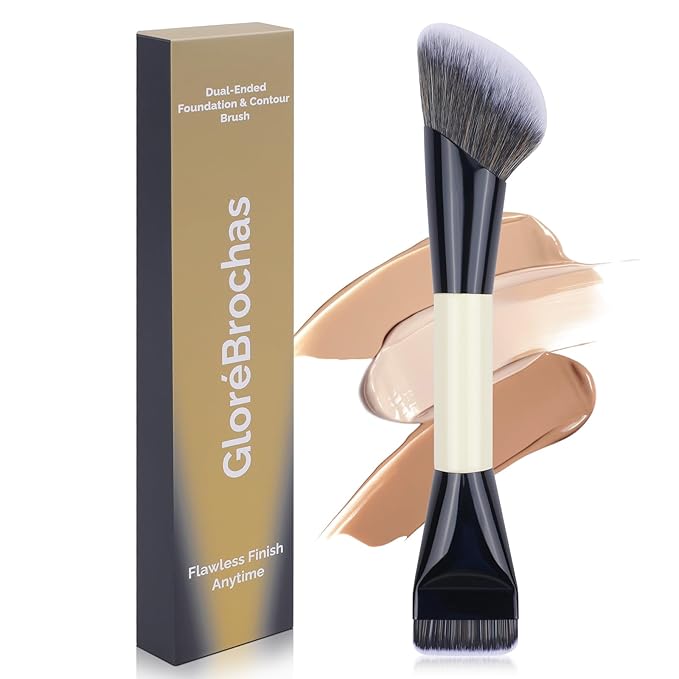 Dual-Ended Makeup Brush,Flat Top Foundation & Angled Contour Brush for Flawless Blending, Smooth Coverage & Effortless Contouring, Ideal for Foundation, Blush, Bronzer & Powder (White)