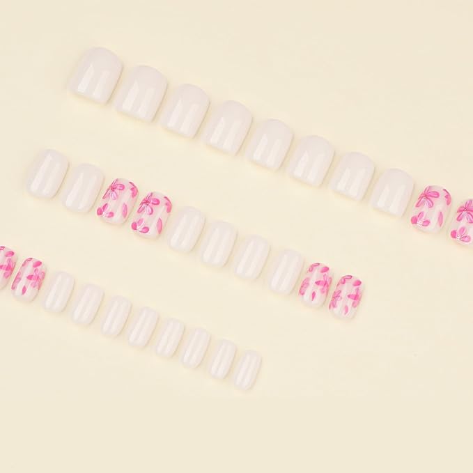 White Press On Nails Extra Short Square, Pink Flower Sticke On Nails Kit, Floral Designer Reusable Acrylic Nails Press Ons, Fake Nails With Glue On Nails Set, Daily Wea False Nails For Women