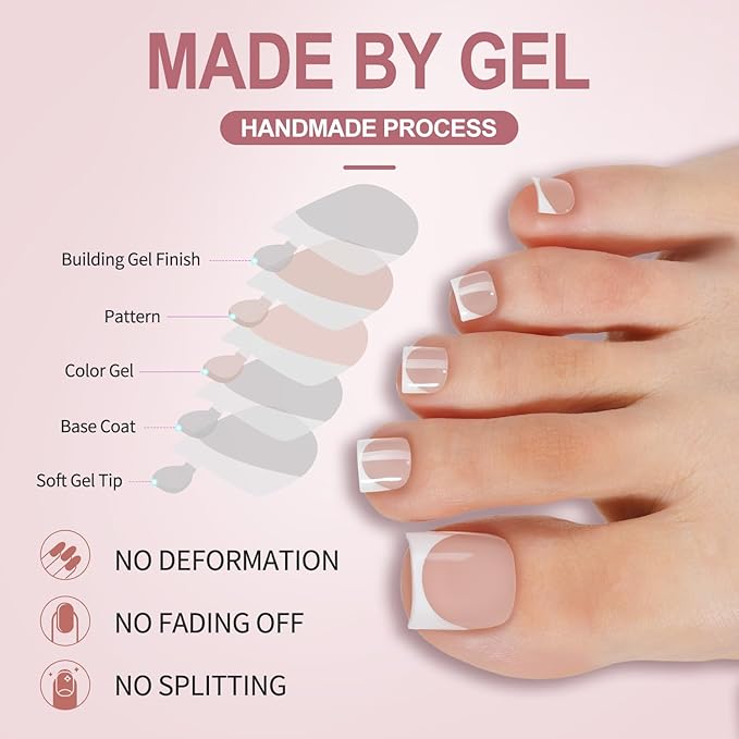 Misssix French Tip Press on Toe Nails, French Square Toe Nail Tips Skin White, Soft Gel False Toenail, Acrylic Soak off Fake Toe Nails for Women Nail Art DIY 15 Sizes