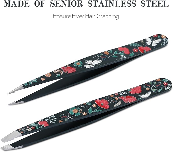 Tweezers - Pointed Slant Tweezer Set - Precision Tweezers for Women and Men Facial Hair, 420 Stainless Steel Pointed Slant Tweezers for Any Unwanted Hair; Ingrown Hair & Eyebrows, Includes Travel Case