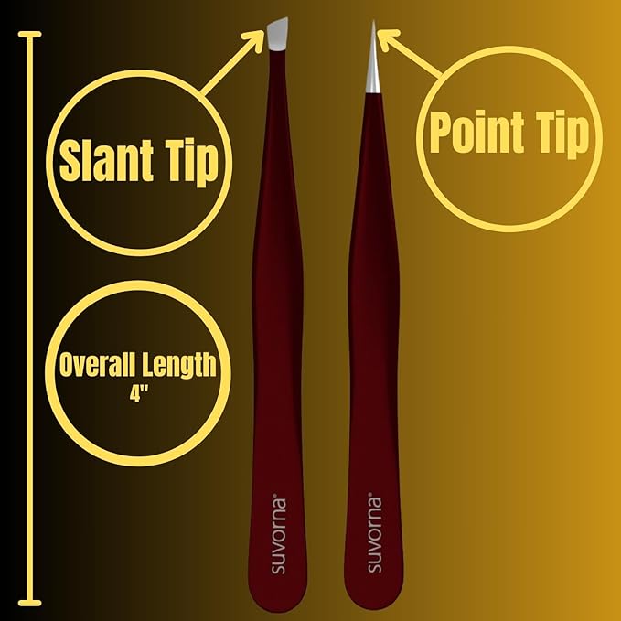 Suvorna Professional Tweezers for women facial hair - Sharp Pointed Tweezer & Slanted Eyebrow Tweezers for Women - Eyebrow Tweezer for Women, Lash tweezers and Splinter removal (4-inch size, Maroon)