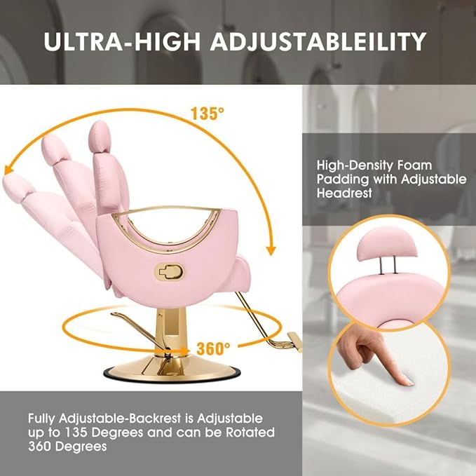 Artist hand Pink Barber Salon Chair Reclining, Heavy Duty Hairdressing Styling Chair with Oversized Hydraulic Pump 360 Degree Swivel, Modern Beauty Spa Equipment, Max Load 400 LBS