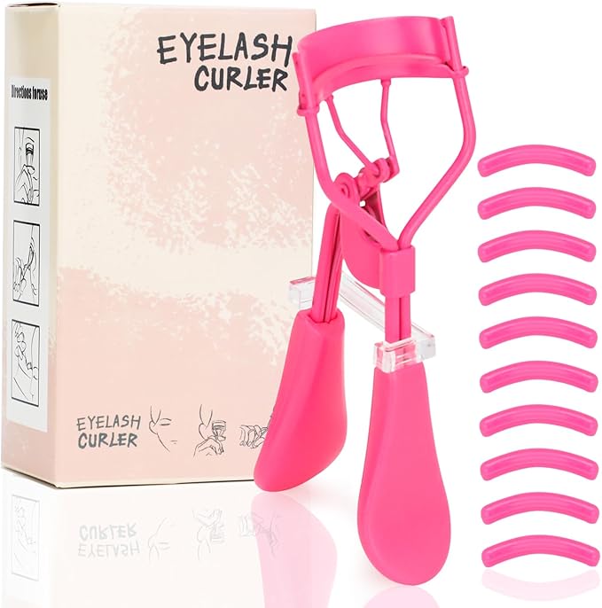 Eyelash Curler with Pads, Lash Curler with 10 Extra Silicone Replacement Pads, Comfortable Grip for Effortless Curling – Eyelashes for The Perfect Eye Contour (Light Pink)