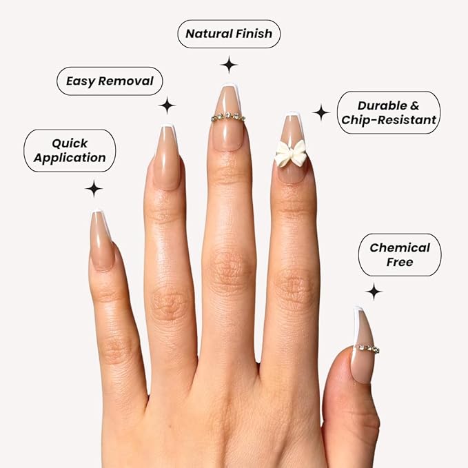 Perfect Look Press On Nails - Bridal Bliss | No Glue One-Day Long Coffin Nails, Nude Beige Nails with Crystal French Trim - 24 Pcs Nail Kit with Adhesive Tabs