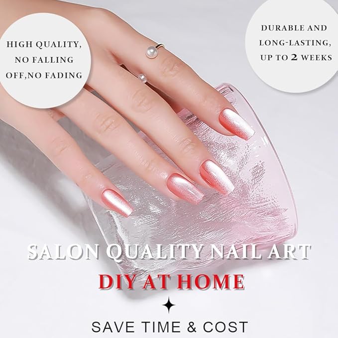 evpct Pink Cat Eye Coffin Press on Nails Square Medium, Medium Square Glue on Nails for Women Gift, Warm Pink Metallic Glitter Glossy Reusable Spring Summer Gel Press on Acrylic Fake Nail with Design