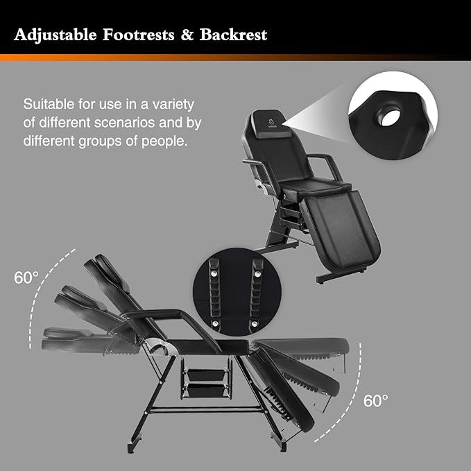 Tattoo Chair Adjustable,Facial Chair Multipurpose 73 Inch Spa Facial Bed with Massage Equipment Stool for Beauty Spa Tattoo, Black