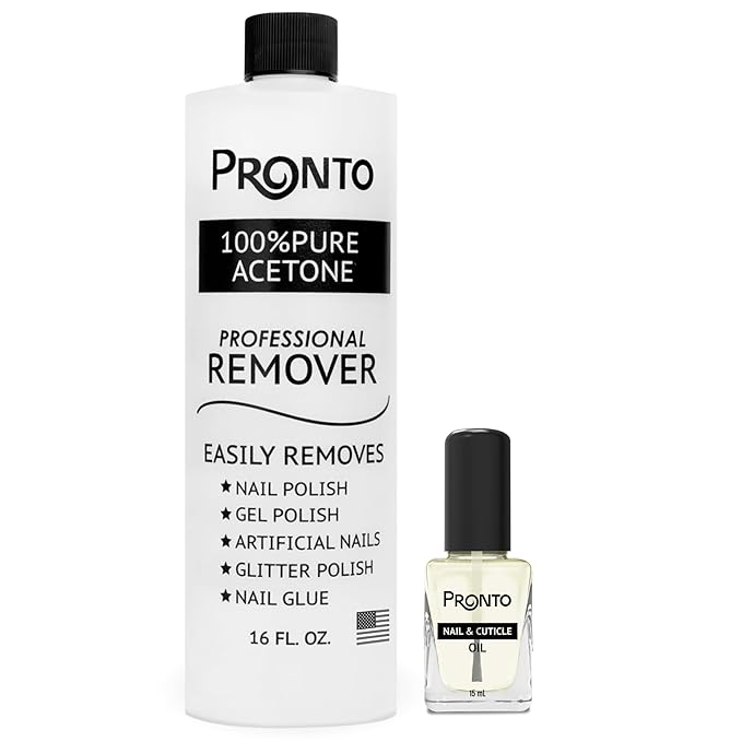 Pronto 16 Oz Acetone Nail Polish Remover and Nail Cuticle Oil Duo, 100 Percent Pure Acetone for Natural, Gel, Acrylic Nails, Cuticle Oil Drops for Repairing Damaged Cuticles and Nail Hydration