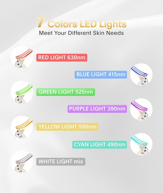 7 Color Face and Neck Massager Light Therapy, Red Light Based Facial Massager for Skin Care, Firming, Smoothing (White)