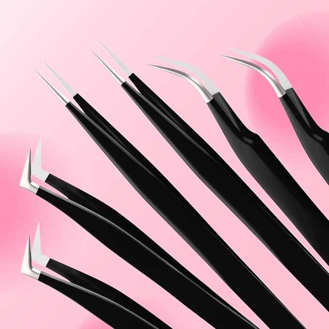 High Precision Lash Tweezers Set 6 Pack Stainless Steel Eyelash Extension Tweezers for Classic, Volume, Mega Volume Lashes, Facial Hair, Eyebrow, Hair Removal, Crafting Making(Black)