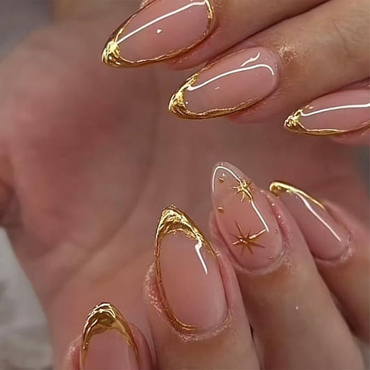 24pcs Gold French Tip Press on Nails Short Almond Fake Nails with 3D Gold Stripe Designs Star False Nails Glue on Nails French Full Cover Acrylic Nails Stick on Nails for Women Nail Decoration