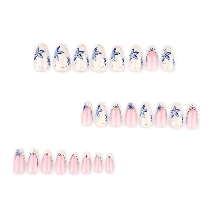 French Press On Nails Short Almond, Nude Base with Beige French Tips and Blue Floral Petal Design Glossy Gel Finish 24pcs Reusable Acrylic Fake Nails Kit for Women Natural Look Glue-On Nail Set