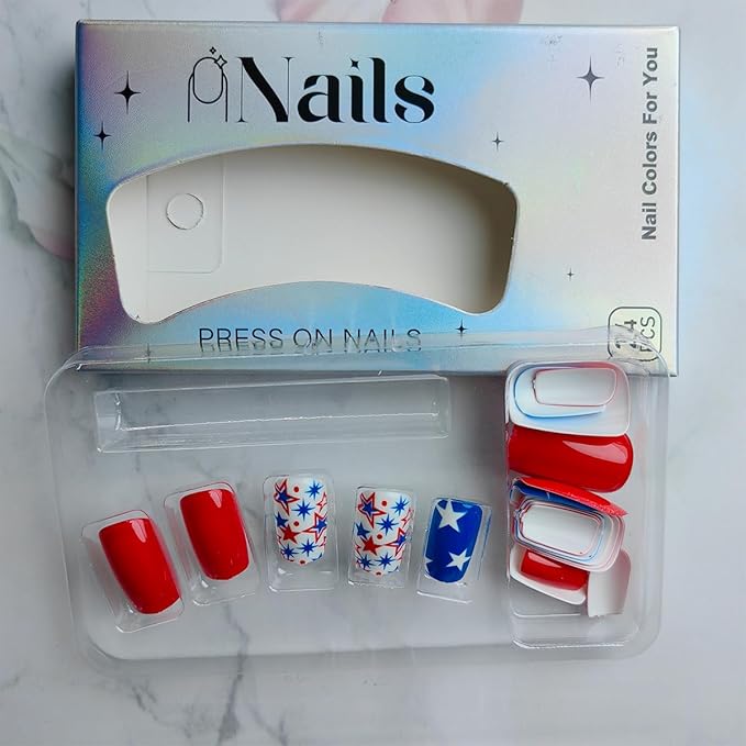 24Pcs Independence Day Press on Nails Medium Square Fake Nails 4th of July Glue on Nails American Design Patriotic False Nails Star Acrylic Nails Independence Day Artificial Stick on Nails for Women
