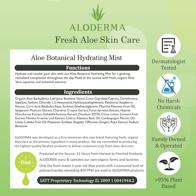 Aloderma Aloe Botanical Hydrating Mist Made with 82% Organic Aloe Vera - Soothing, Moisturizing Facial Spray with Panthenol - Refreshes, Invigorates Skin Throughout the Day, 120ml/4.23Oz (3)