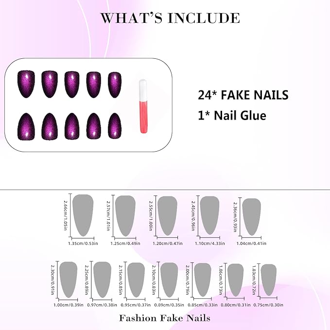 IMRAIN Cat's Eye Press on Nails Almond Medium Purple Plastic False Nails 24Pcs Glossy Gel Glue on Nails Reusable Acrylic Stick on Nails Manicure Kit for Women