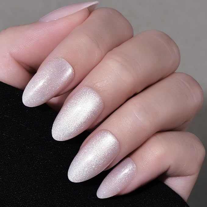 evpct Cat Eye Press on Nails Almond Short, Cat Eye Stick on Nails Press on, Nude Pink Glitter Short Almond Press Glue on Nails, Fake Nails Press ons with glue, 30Pcs Reusable Acrylic Fake Nails Kit