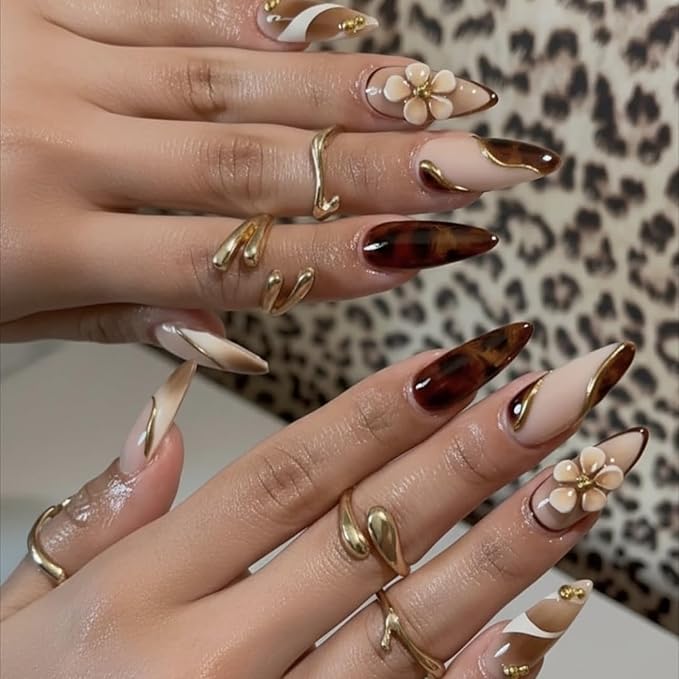 Long Almond Shape Press on Nails Luxury Fake Nails with Floral Design and Gold Accents Stick on Nail for Women 24pcs
