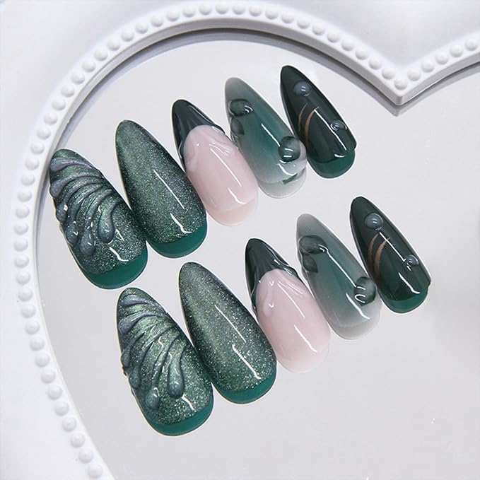 24Pcs Dark Green Press on Nails Medium Almond French Tip Fake Nails with Silver Gilding Star Design 3D Leaves False Nails Full Cover Artificial Glue on Nails Glossy Stick on Nails for Women Manicure