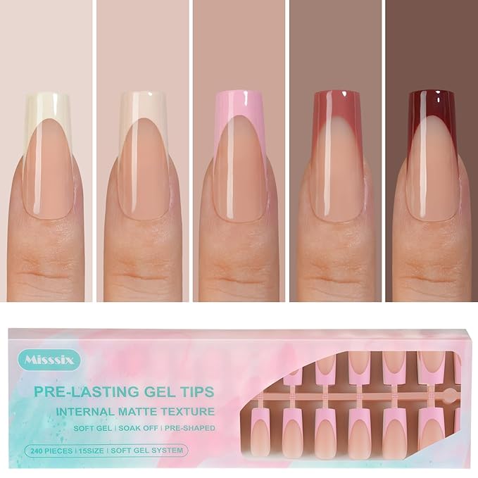 Misssix French Gel Nail Tips, 150Pcs French Tip Press on Nails Long Square, No Need to File Tips Pre-lasting, Fake Nails for Nail Art DIY 15 Sizes