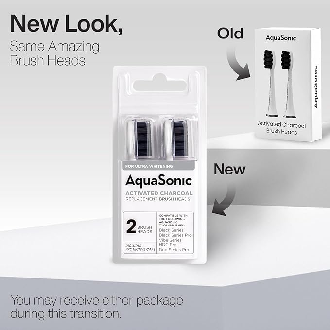 AquaSonic 2-Pack Activated Charcoal Brush Heads - Ultra Whitening Brush Heads - 2X Whitening & Stain Remover - for Black Series, Black Series Pro, Vibe Series, Duo Pro Series (White)