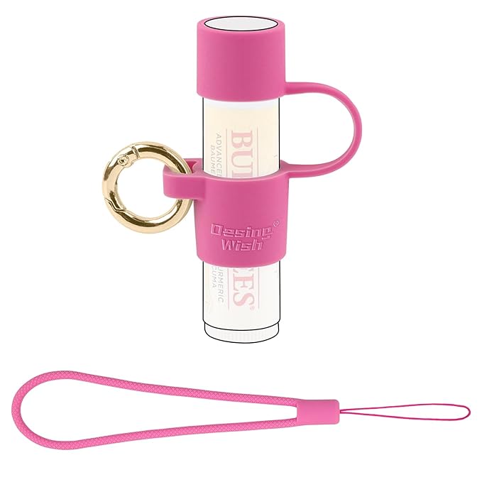 Desing Wish Silicone Lip Balm Holder with Cap Cover Portable Chapstick Holder Keychain Sleeve Lip Balm Key Chain with Key Ring and Wrist Strap Lanyard - Rose