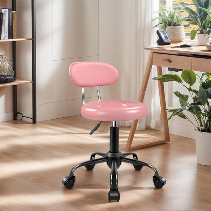 Rolling Stool with Wheels Swivel Stool with Back Height Adjustable Chair Ideal for SPA Salon Home Office Drafting Work (Pink)