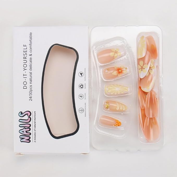 Flower Press on Nails Medium Almond Fake Nails 3D Lemon Gold Bead Star Designs Stick on Nails White French Tip False Nails Handmade Reusable Acrylic Glue On Nail for Women Manicure 24Pcs