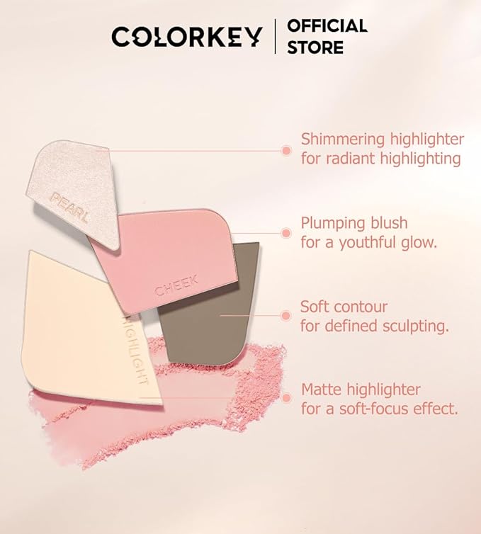 COLORKEY 3D Sculpting Contour Palette, 4-Color, High Capacity, Highlighter, Blush, Shadow, Translucent, Youthful Glow, Long-Lasting, Fine Texture (01)