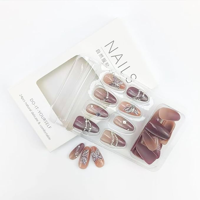 Almond Press on Nails Medium Fake Nails Sparkly Glue on Nails Full Cover Gem False Nails with Butterfly Rhinestones Design Pink Glossy Acrylic Nail for Women Manicure Supplies 24Pcs