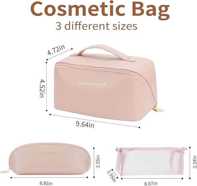 3 Pcs Travel Makeup Bag Portable Large Capacity Cosmetic Bags for Women Open Flat Makeup Case Organizer Bag Set of 3 Waterproof PU Leather Toiletry Bags with Divider and Handle (Pink, Medium)