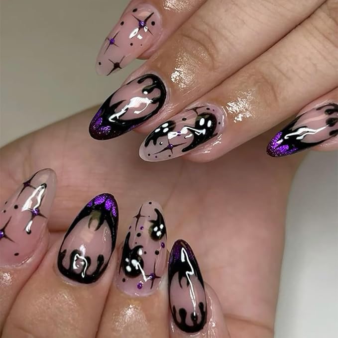 24Pcs Halloween Press on Nails Medium Almond French Tip Fake Nails Black Ghost with Bloody Drop Horror Designs Purple Glitter Full Cover Tips Glue on Nails Goth False Nails for Acrylic Manicure Salon