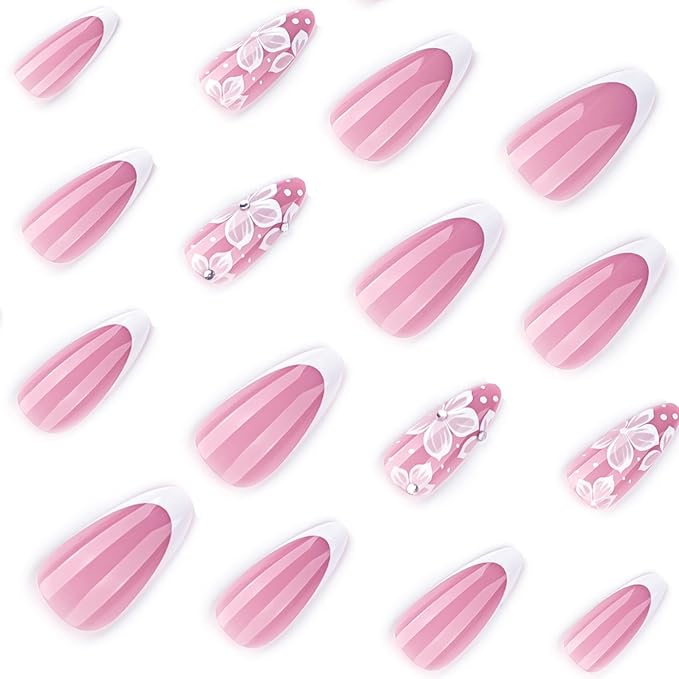 IMRAIN Flower Press on Nails Medium Almond Fake Nails White French Tips Nail Supplies Glossy Glue on Nails Artificial Acrylic Full Cover Spring Floral False Nails for Women Manicure 24Pcs