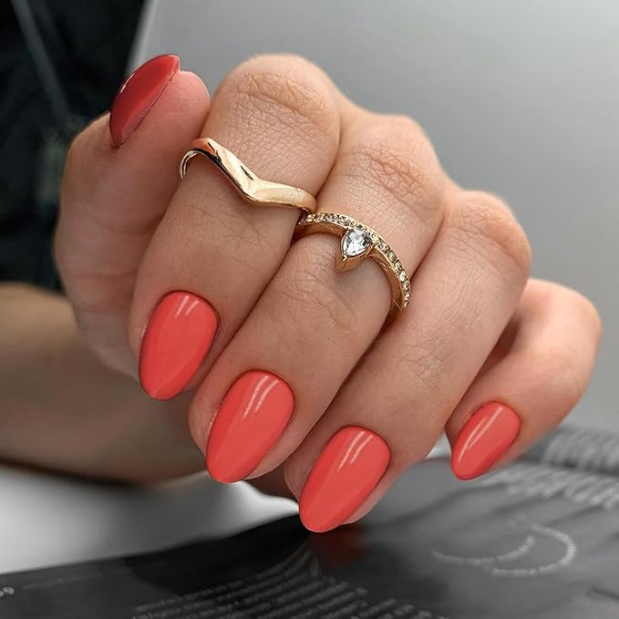 Orange Press on Nails Short Oval Fake Nails Press ons, Thick Solid Color Glue on Nails Short False Nails, Short Almond Nails Oval Round Shaped Nails for Women, 24Pcs Natural Acrylic Gel Nails