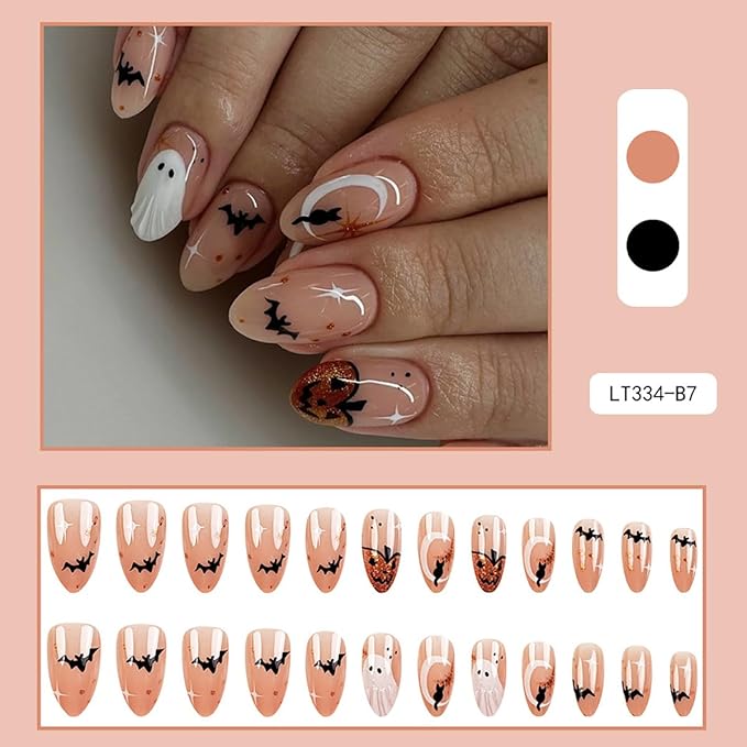 24Pcs Short Almond Press on Nails Cute Ghost Fake Nails with Black Bat Cat Star Goth Nail Designs Full Cover Artificial Reusable Nails Stick on Nail Glitter Pumpkin False Nails for Manicure Salon DIY