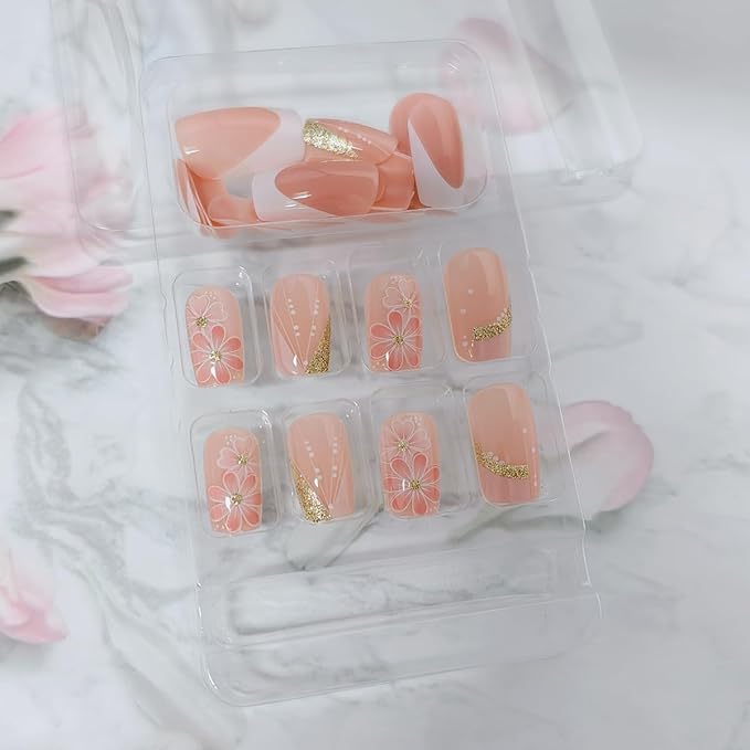 24Pcs Fall Flower Press on Nails White French Fake Nails Medium Square Acrylic Nail Full Cover Glossy Gold Glitter Stick on Nail French Lines Light Pink False Fingernails for Women DIY Manicure Art
