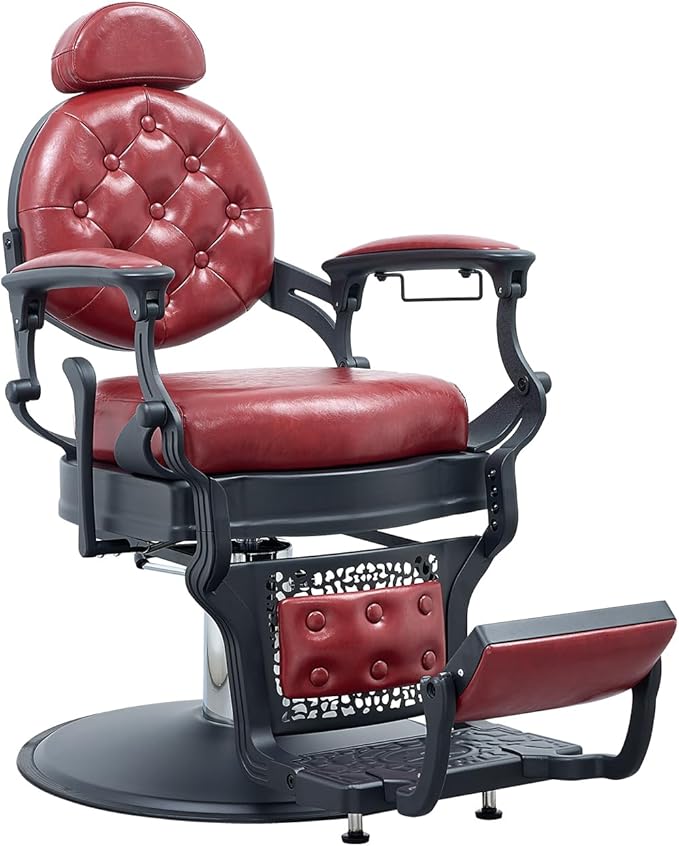 FRNIMAC Heavy Duty Barber Chair, All Purpose Vintage Style Mens Barber Chair Hydraulic Recline Salon Chair Barbershop Equipment for Beauty Spa Tatoo Massage, Weight Capacity 700lbs (Red-Black)