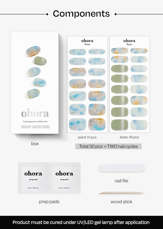 ohora Semi Cured Gel Nail Strips (N 18:00 Veil) - Works with Any Lamps, Salon-Quality, Long Lasting, Easy to Apply & Remove - Includes 2 Prep Pads, Nail File & Wooden Stick