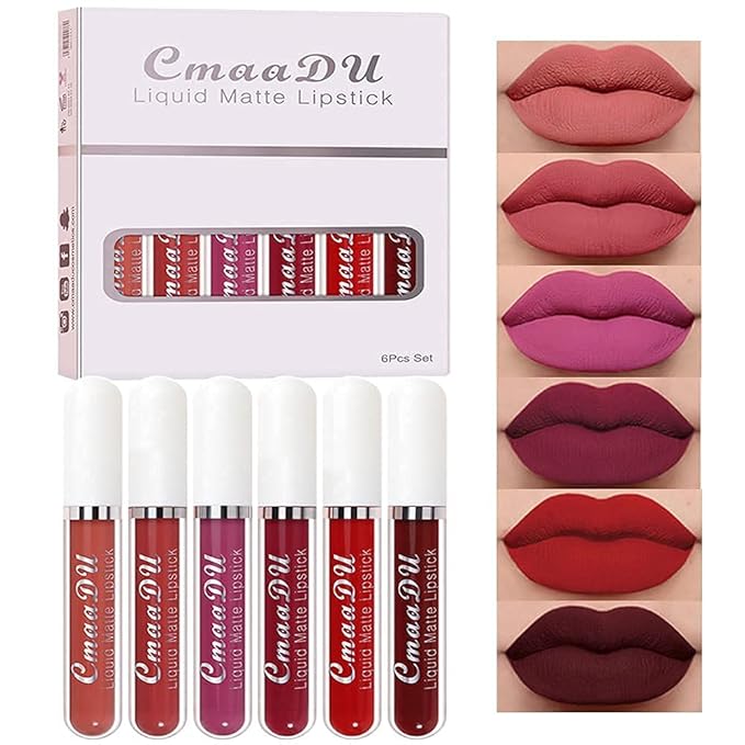 evpct 6Pcs Lipstick Matte Liquid Lipstick Lipgloss Set for Women, Dark Ruby Plum Wine Red Violet Purple Nude Beige Pink labiales mate 24 horas originales matte larga duracion 24 Hour Lipstick