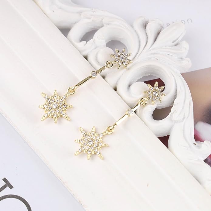 Vintage Crystal Starburst Drop Earrings Long Rhinestone Northstar Earrings Gold Cz Star Dangle Earrings Cz North Star Stud Earrings Jewelry for Women