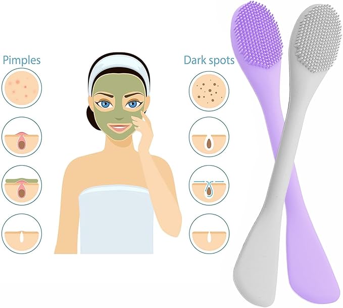 Pore Scrubber, Double-End Silicone Face Mask Brush Silicone Face Scrubber, 2Pcs Soft Mask Applicator Tool for Facial Mud,Facial Cleansing Brushes for Makeup Skincare Removal, Grey and Purple
