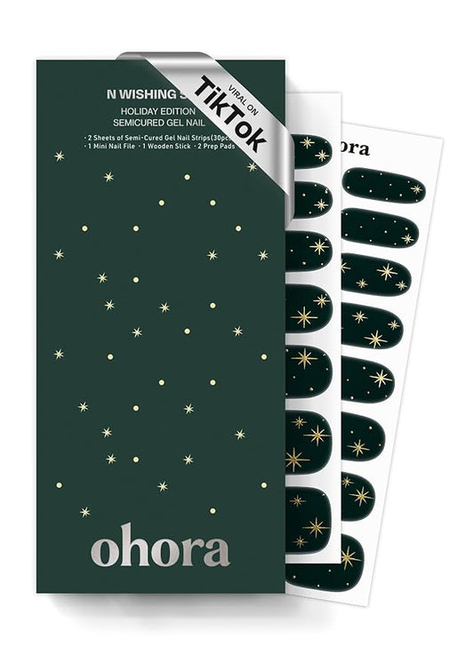 ohora Semi Cured Gel Nail Strips (N Wishing Star) - Works with Any Lamps, Salon-Quality, Long Lasting, Easy to Apply & Remove - Includes 2 Prep Pads, Nail File & Wooden Stick