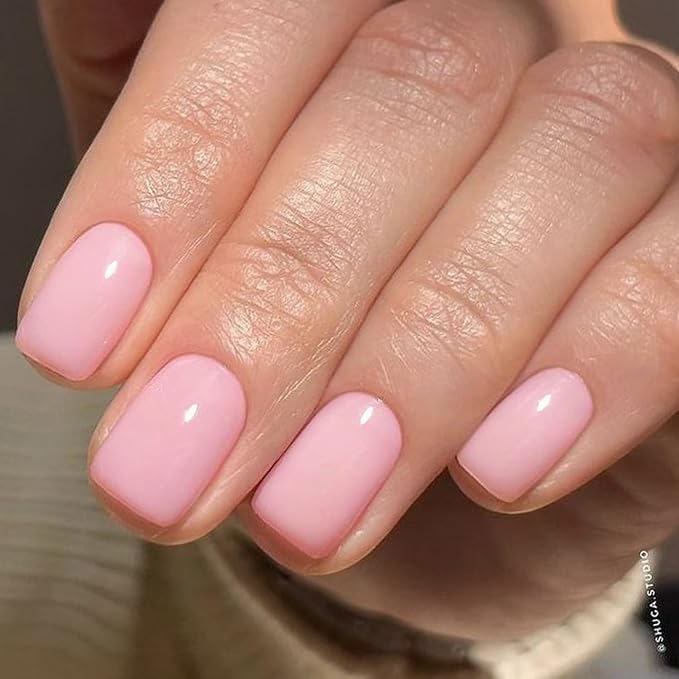 GLAMERMAID Extra Short Press on Nails 24PCS, Light Pink Fall Gel Glue on Nails, Glossy Round Reusable UV Finish Fake Nails Acrylic False Nails Manicure Kits for Women