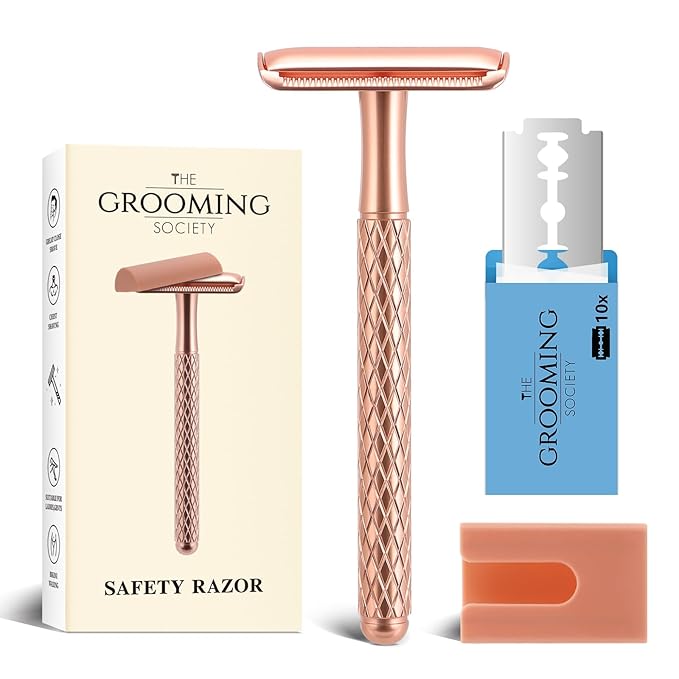 Double Edge Safety Razor for Women with Silicone Cover & 10 Blades for Travel Metal Eco-Friendly Reusable Single Blade Razor for Shaving (Rose Gold)