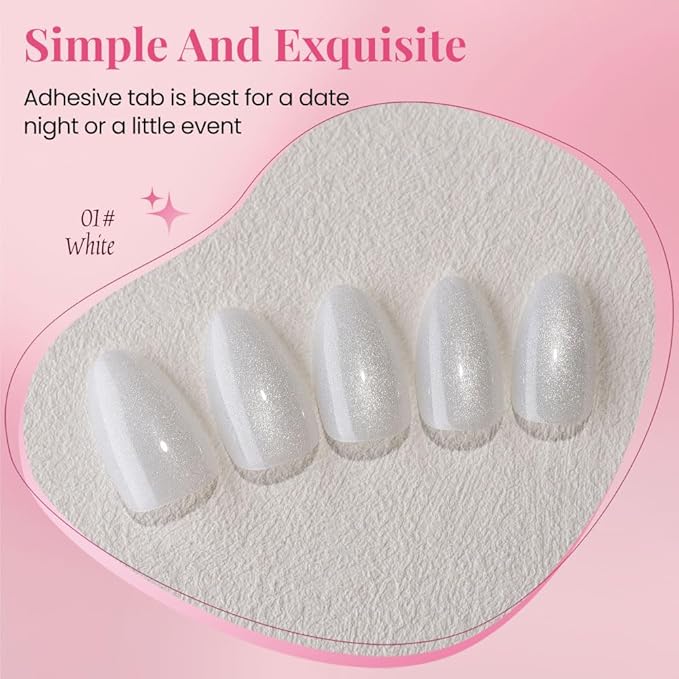 evpct Cat Eye Press on Nails Almond Short, Cat Eye Stick on Nails Press on, Pearl White Glitter Short Almond Press Glue on Nails, Fake Nails Press ons with glue, 30Pcs Reusable Acrylic Fake Nails Kit